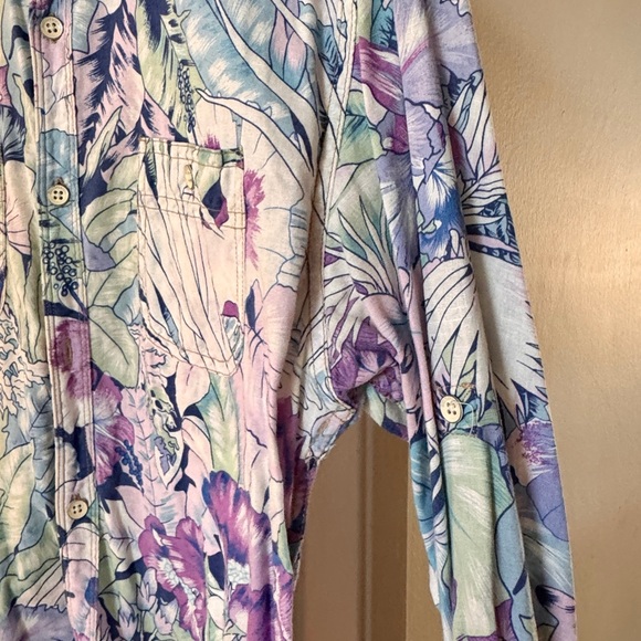 Soda Purple and Green Casual Button Down Shirt with Artistic Floral Design - Picture 5 of 5